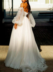 Off The Shoulder Long Sleeves Tulle Sweep Train Wedding Dress With Sequins Flower(s)