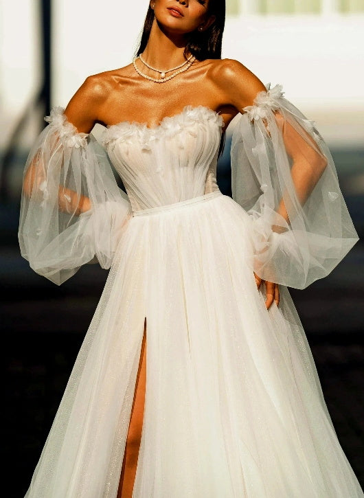 Off The Shoulder Long Sleeves Tulle Sweep Train Wedding Dress With Sequins Flower(s)