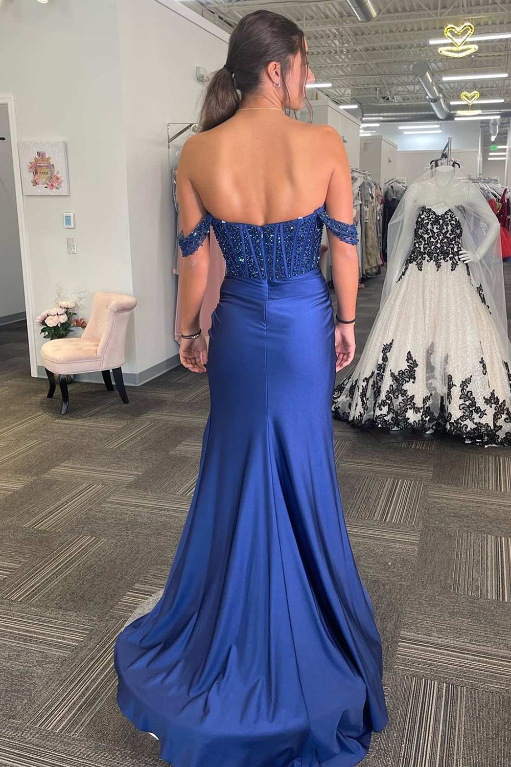 Off The Shoulder Navy Prom Dress Mermaid Evening Dress with Slit