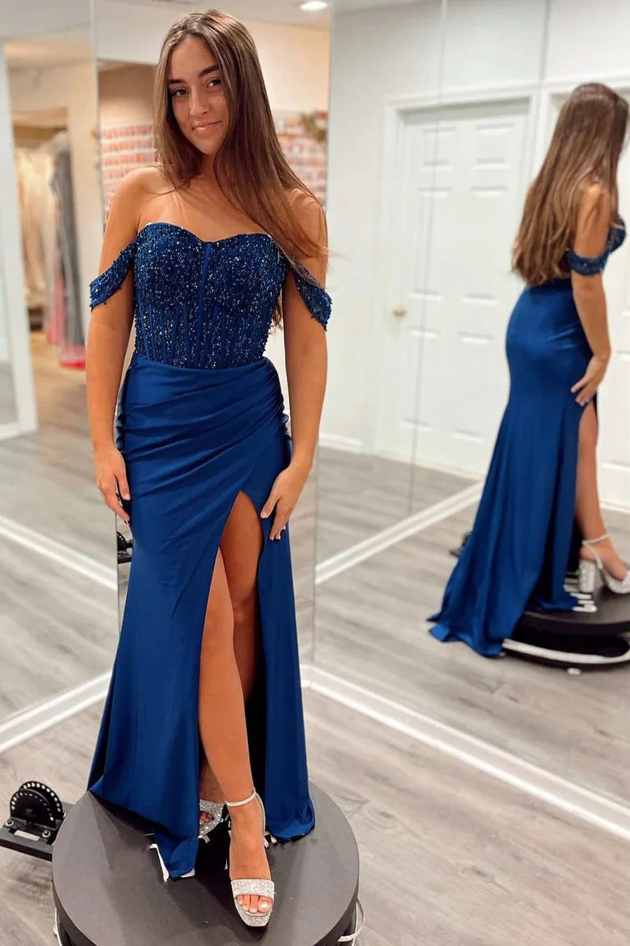 Off The Shoulder Navy Prom Dress Mermaid Evening Dress with Slit