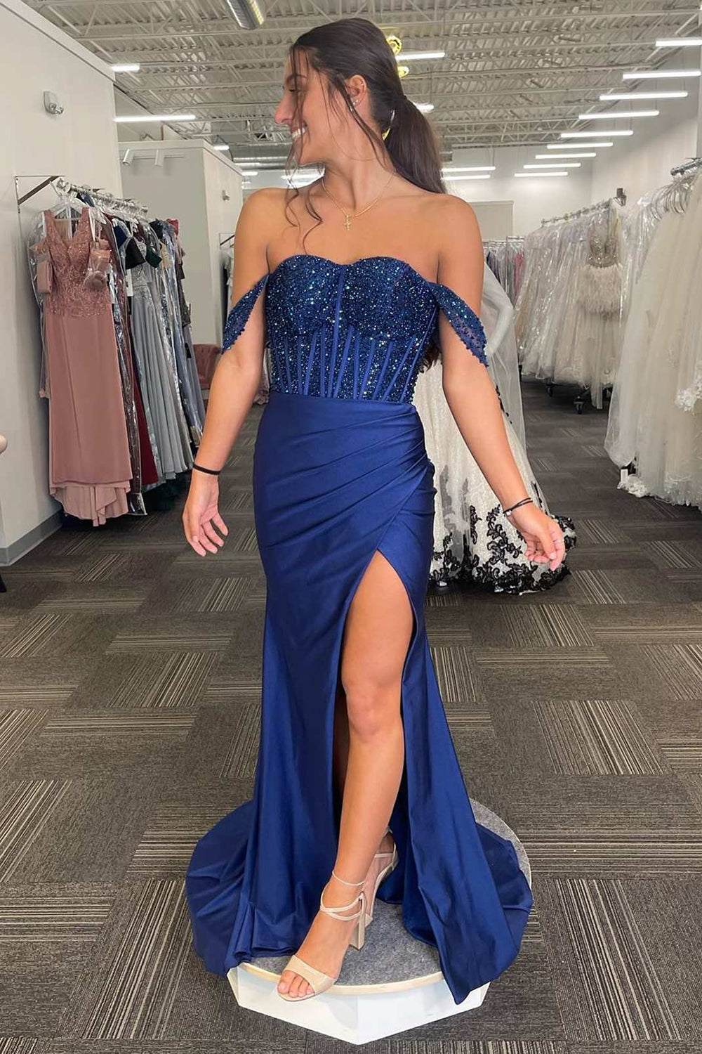 Off The Shoulder Navy Prom Dress Mermaid Evening Dress with Slit