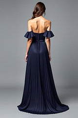 Off The Shoulder Navy Wedding Guest Dress A Line Pleated Formal Dress With Ruffles