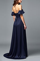 Off The Shoulder Navy Wedding Guest Dress A Line Pleated Formal Dress With Ruffles