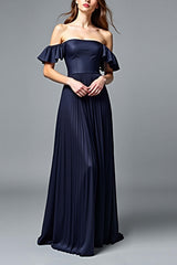 Off The Shoulder Navy Wedding Guest Dress A Line Pleated Formal Dress With Ruffles