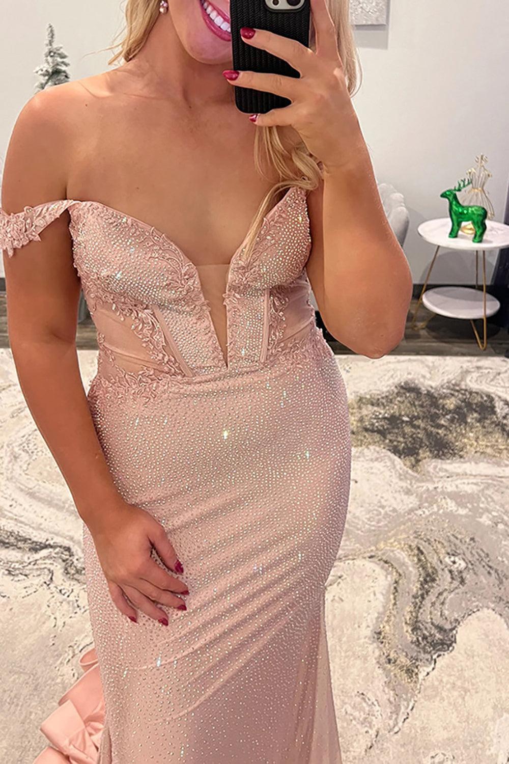 Off The Shoulder Prom Dress Blush Mermaid Beaded Satin Long Formal Dress With Appliques