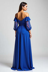 Off The Shoulder Royal Blue Wedding Guest Dress High-Low Formal Dress With Half Sleeves