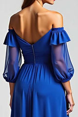 Off The Shoulder Royal Blue Wedding Guest Dress High-Low Formal Dress With Half Sleeves