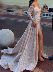 Off The Shoulder Sequined Wedding Dress With Split Front