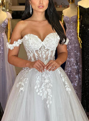 Off The Shoulder Sleeveless A Line Sweep Train Wedding Dress