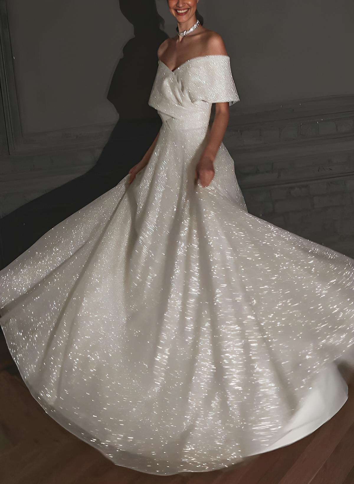 Off The Shoulder Sleeveless A Line Wedding Dress with Sweep Train and Sequin Detail