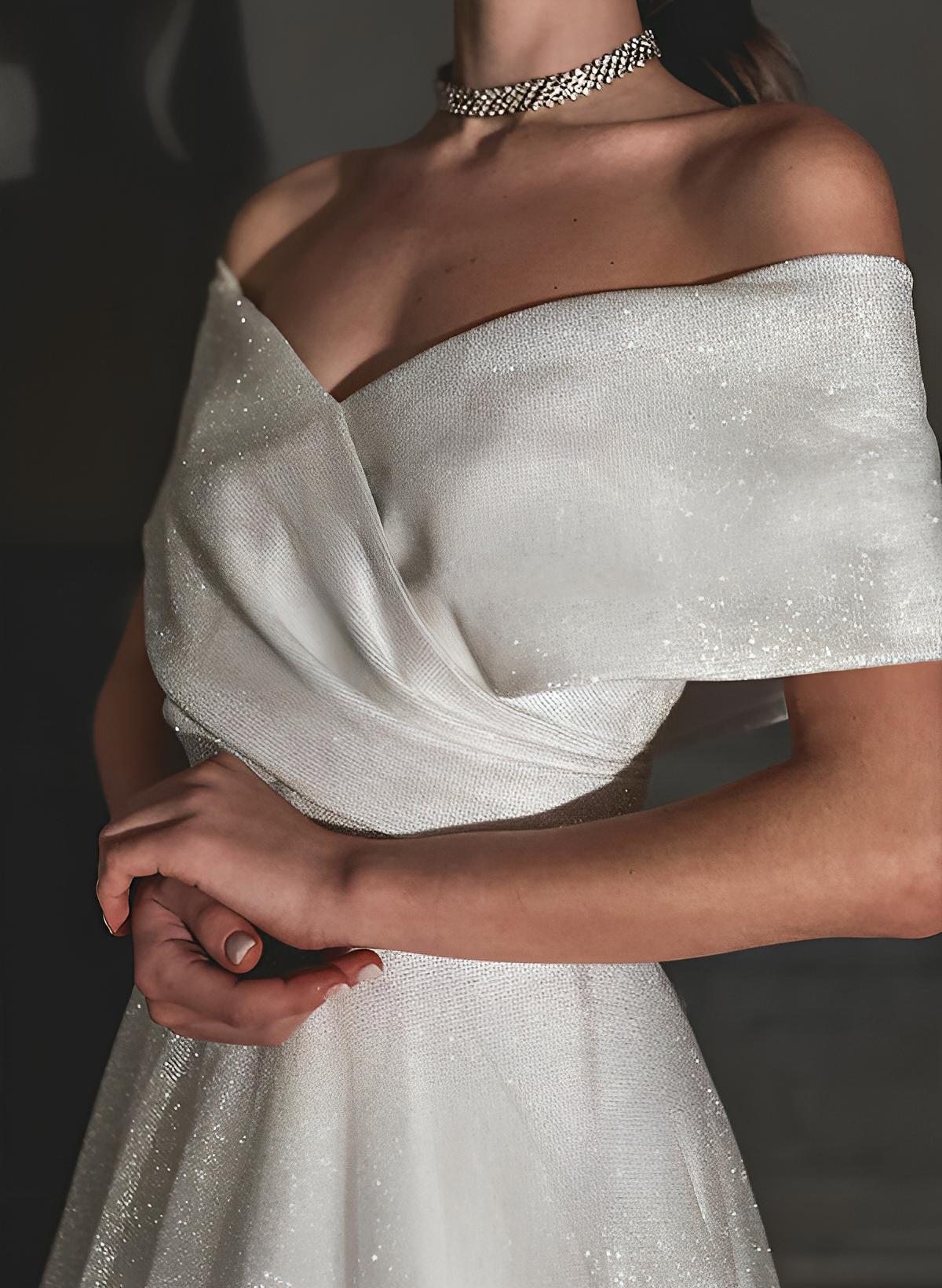 Off The Shoulder Sleeveless A Line Wedding Dress with Sweep Train and Sequin Detail