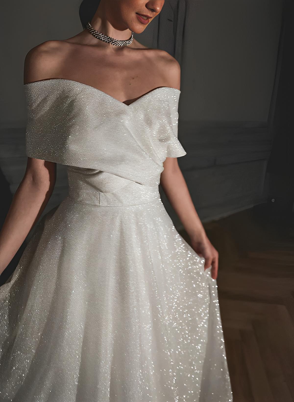 Off The Shoulder Sleeveless A Line Wedding Dress with Sweep Train and Sequin Detail