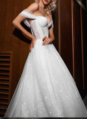 Off The Shoulder Sleeveless Ball Gown Wedding Dress with Sweep Train and Sequins
