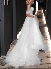 Off The Shoulder Sleeveless Ball Gown Wedding Dress with Sweep Train and Sequins