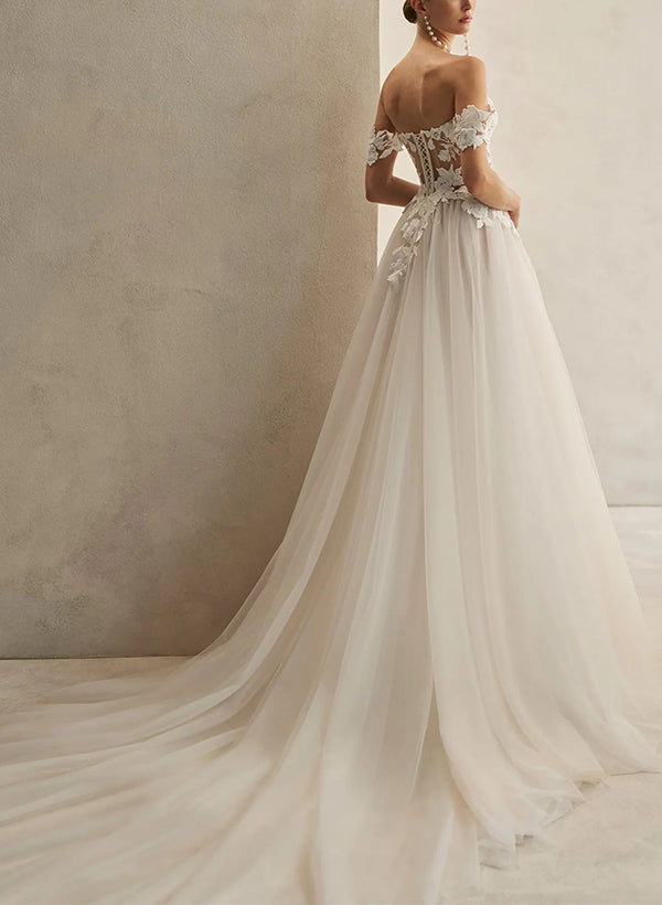 Off The Shoulder Sleeveless Court Train Lace/Tulle Wedding Dress