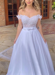 Off The Shoulder Sleeveless Lace Wedding Dress with A Line Silhouette and Sweep Train