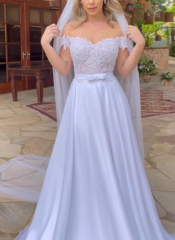 Off The Shoulder Sleeveless Lace Wedding Dress with A Line Silhouette and Sweep Train