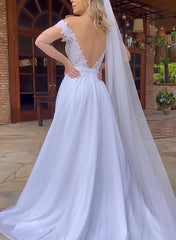 Off The Shoulder Sleeveless Lace Wedding Dress with A Line Silhouette and Sweep Train