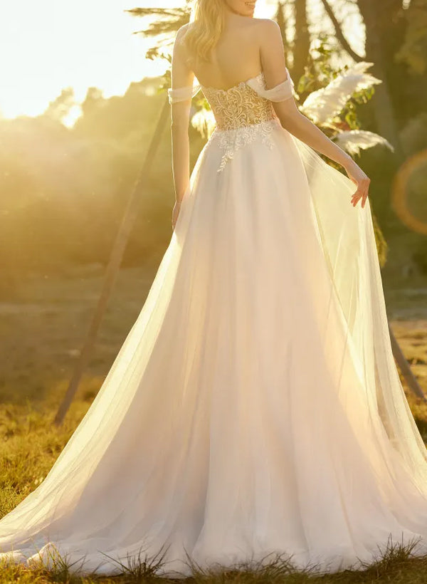 Off The Shoulder Sleeveless Lace/Tulle Wedding Dress With Appliques Lace