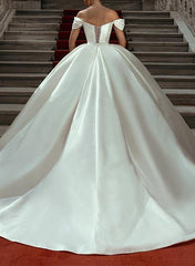 Off The Shoulder Sleeveless Satin Ball Gown Wedding Dress with Sweep Train