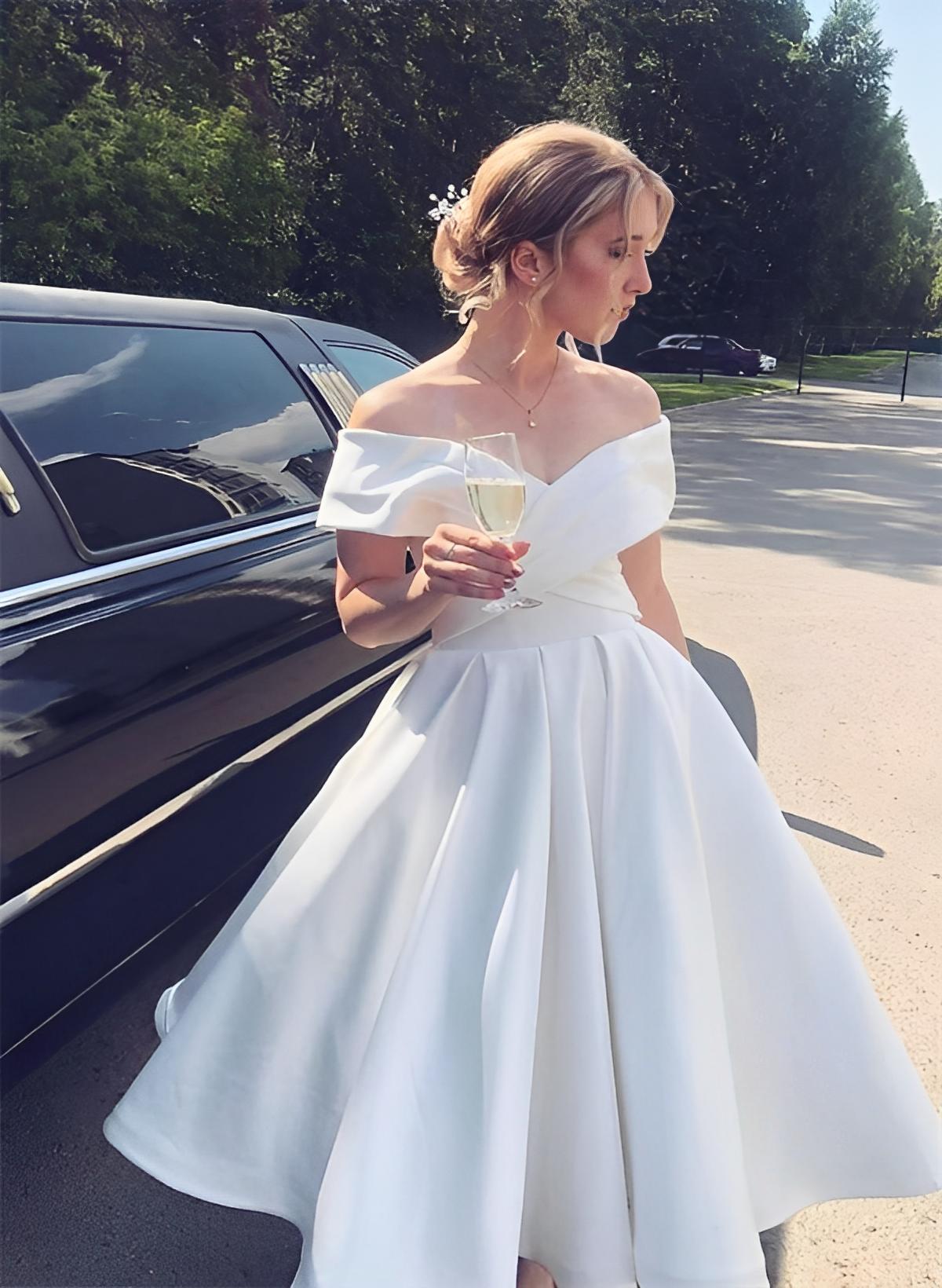 Off The Shoulder Sleeveless Satin Tea Length Wedding Dress