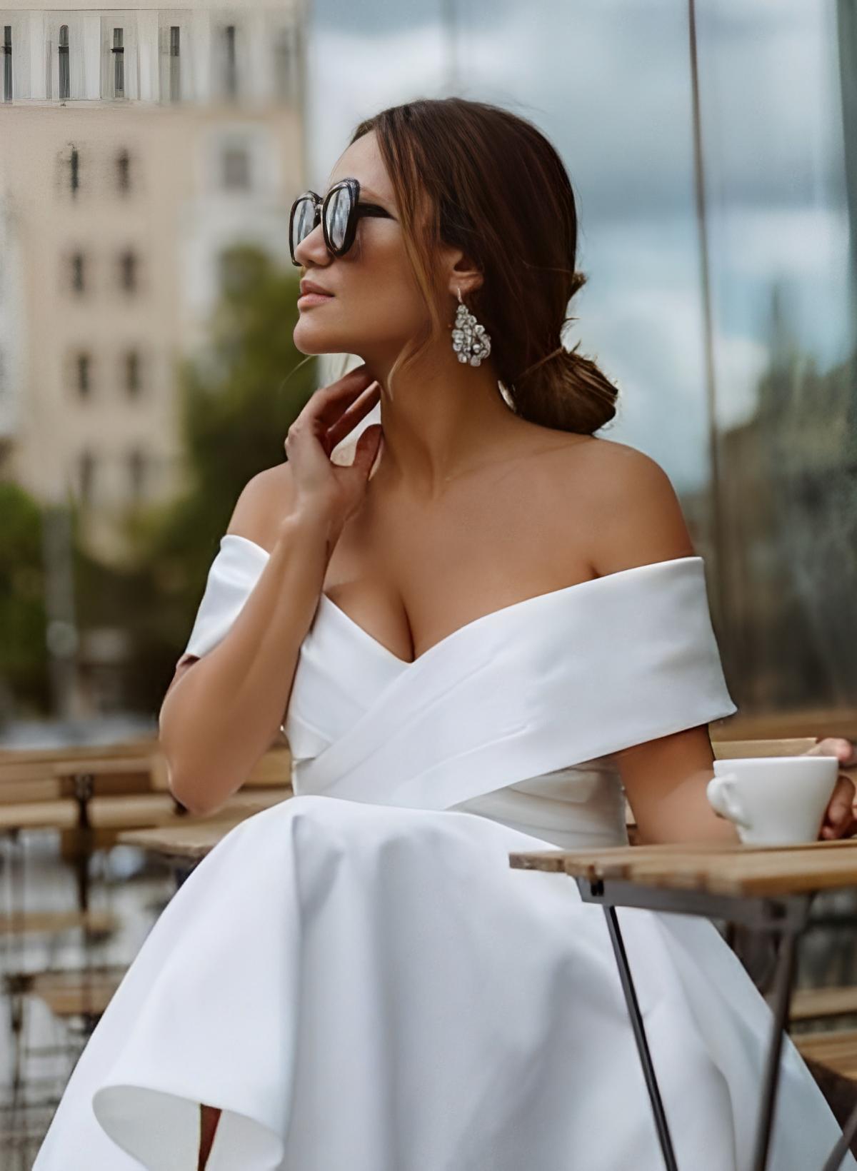 Off The Shoulder Sleeveless Satin Tea Length Wedding Dress