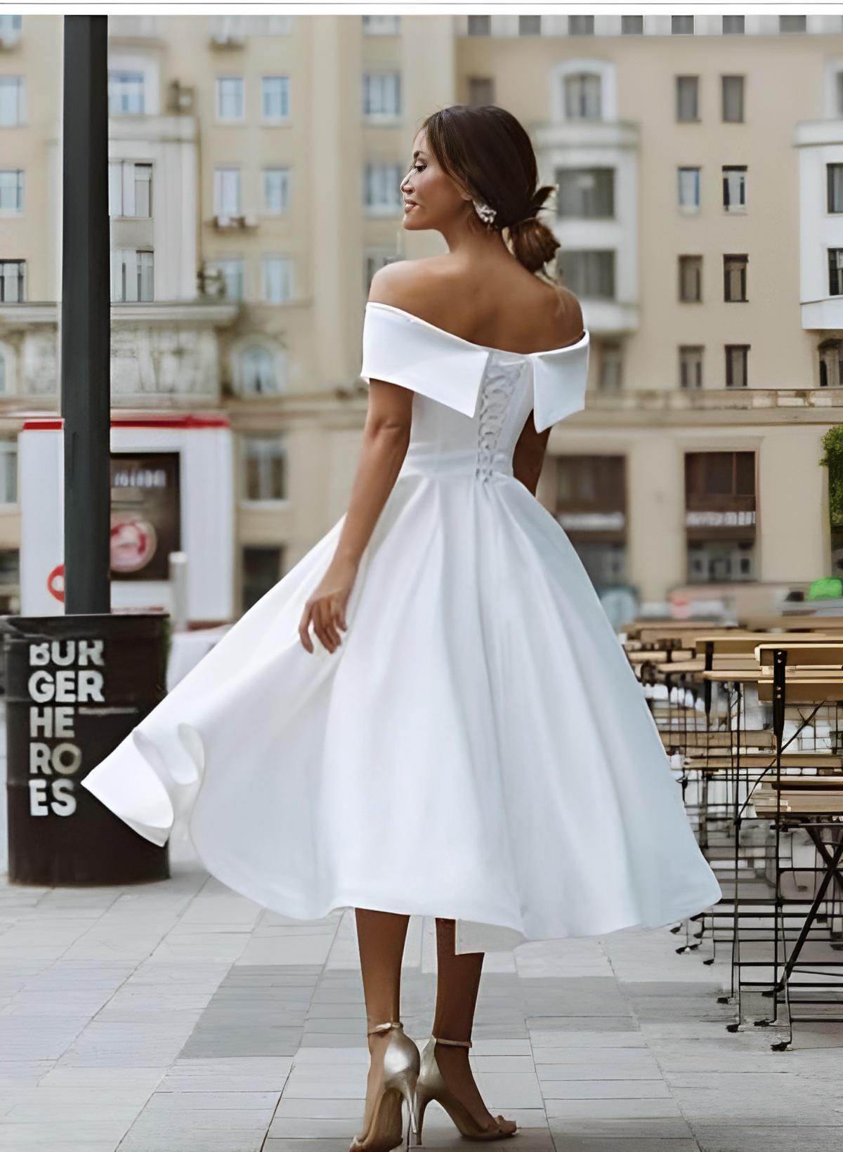 Off The Shoulder Sleeveless Satin Tea Length Wedding Dress
