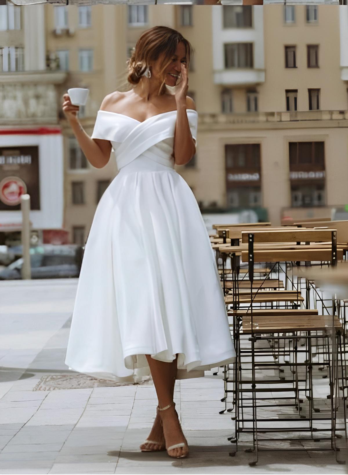 Off The Shoulder Sleeveless Satin Tea Length Wedding Dress