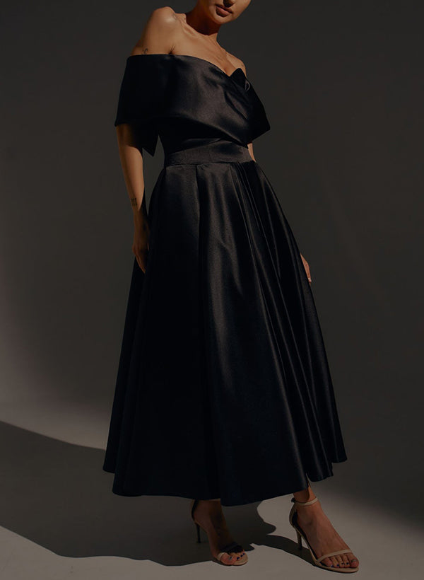 Off The Shoulder Sleeveless Satin Tea Length Wedding Dress