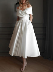 Off The Shoulder Sleeveless Satin Tea Length Wedding Dress
