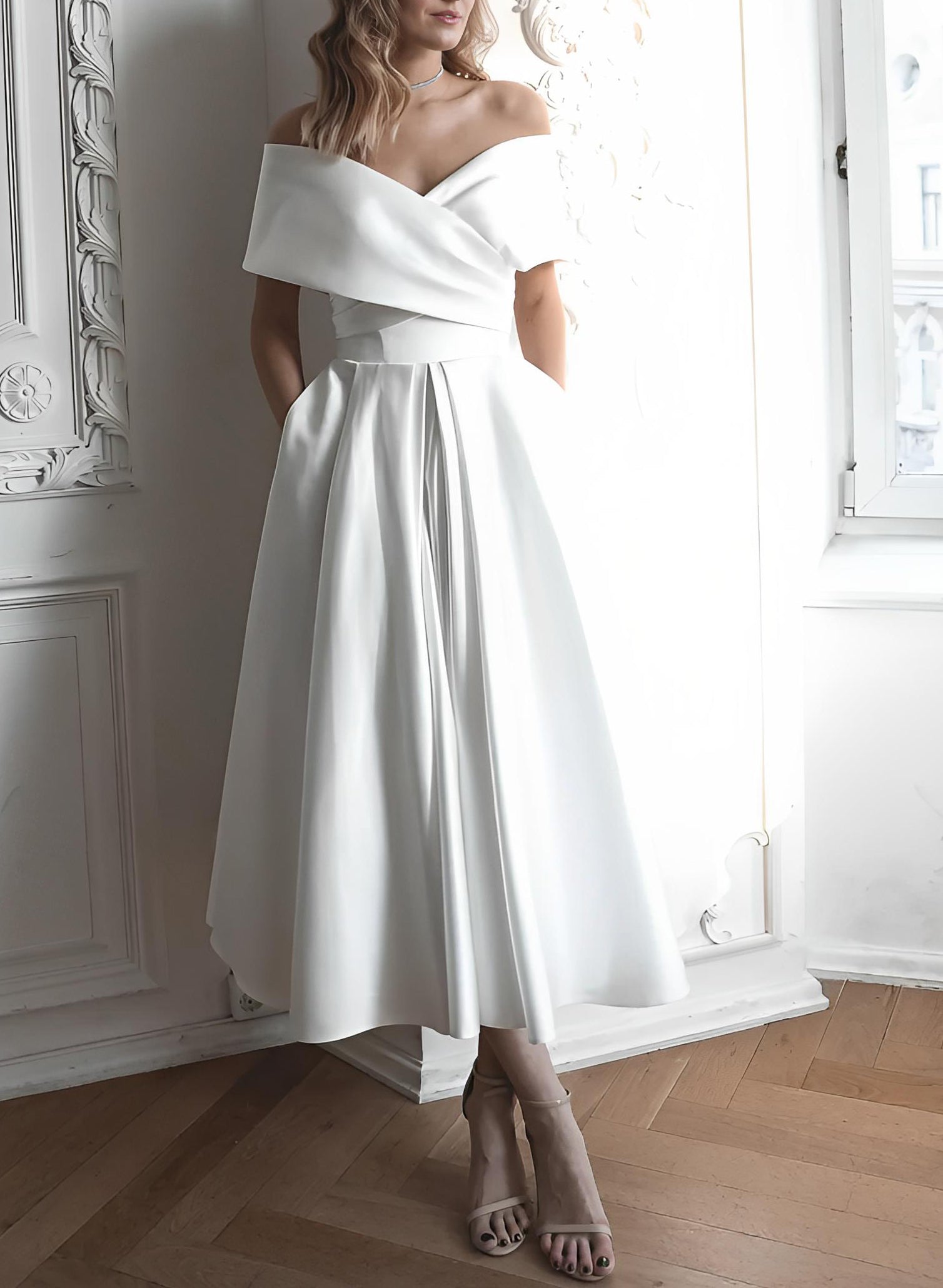 Off The Shoulder Sleeveless Satin Tea Length Wedding Dress
