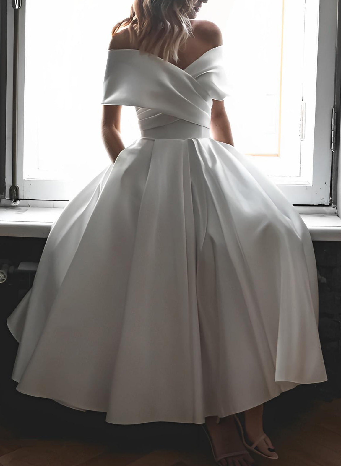 Off The Shoulder Sleeveless Satin Tea Length Wedding Dress
