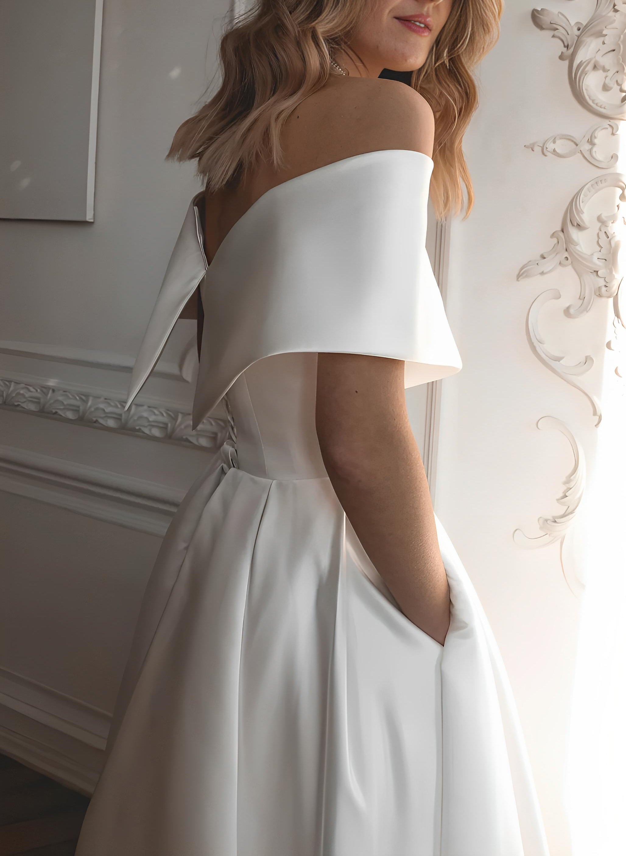 Off The Shoulder Sleeveless Satin Tea Length Wedding Dress