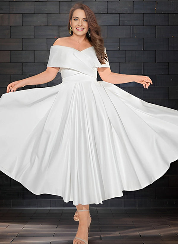 Off The Shoulder Sleeveless Satin Tea Length Wedding Dress