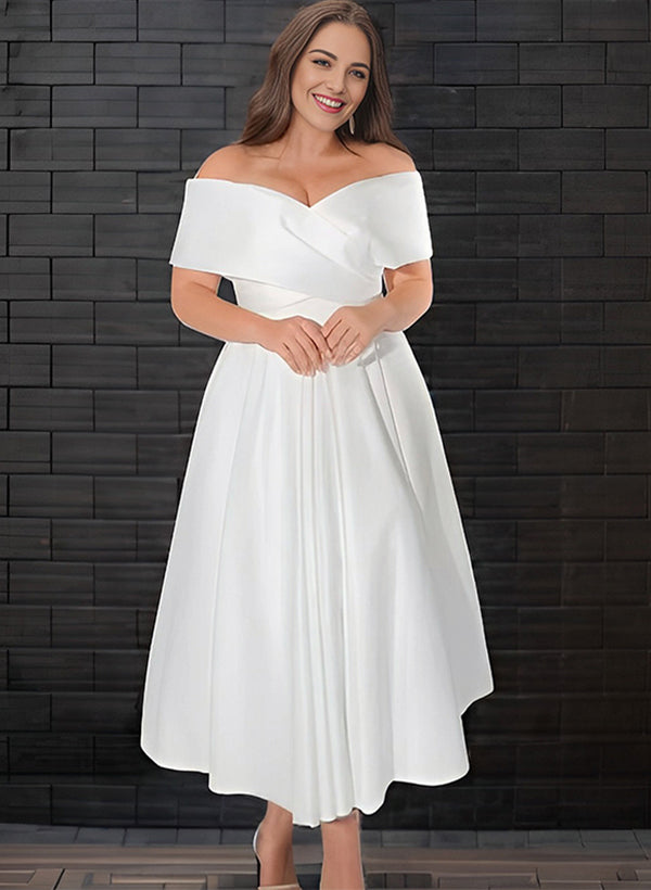 Off The Shoulder Sleeveless Satin Tea Length Wedding Dress