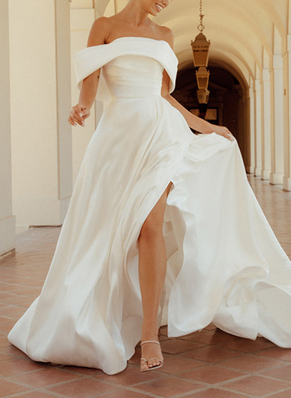 Off The Shoulder Sleeveless Wedding Dress With Split Front/Bow(s)