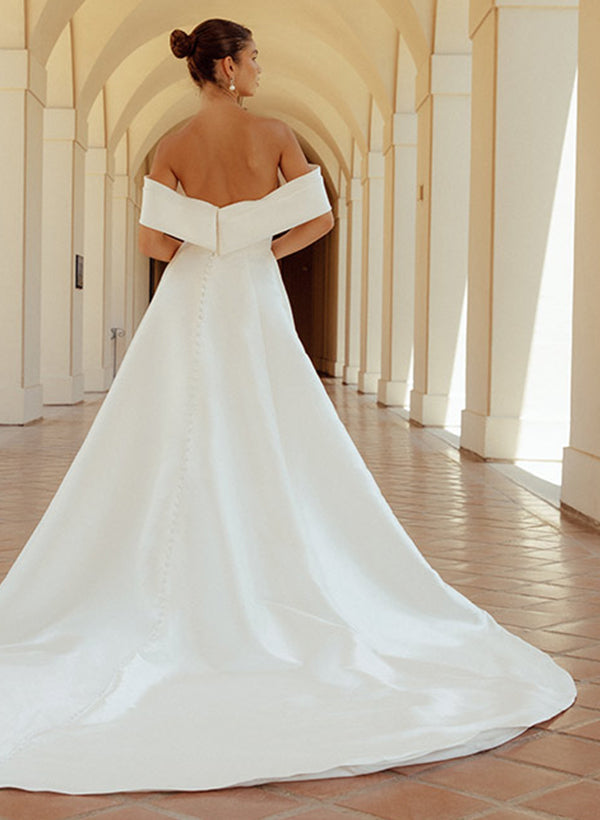 Off The Shoulder Sleeveless Wedding Dress With Split Front/Bow(s)