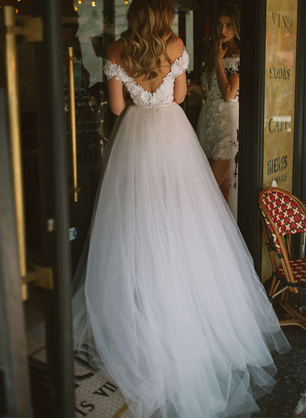 Off The Shoulder Sleeveless Wedding Dress with Detachable Sheath/Column