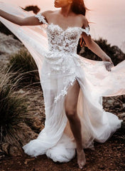 Off The Shoulder Slit Boho Lace Wedding Dress