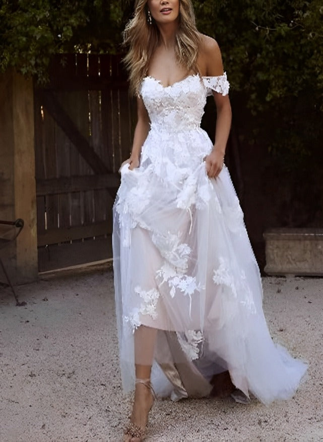 Off The Shoulder Tulle Lace Wedding Dress With Appliques Lace