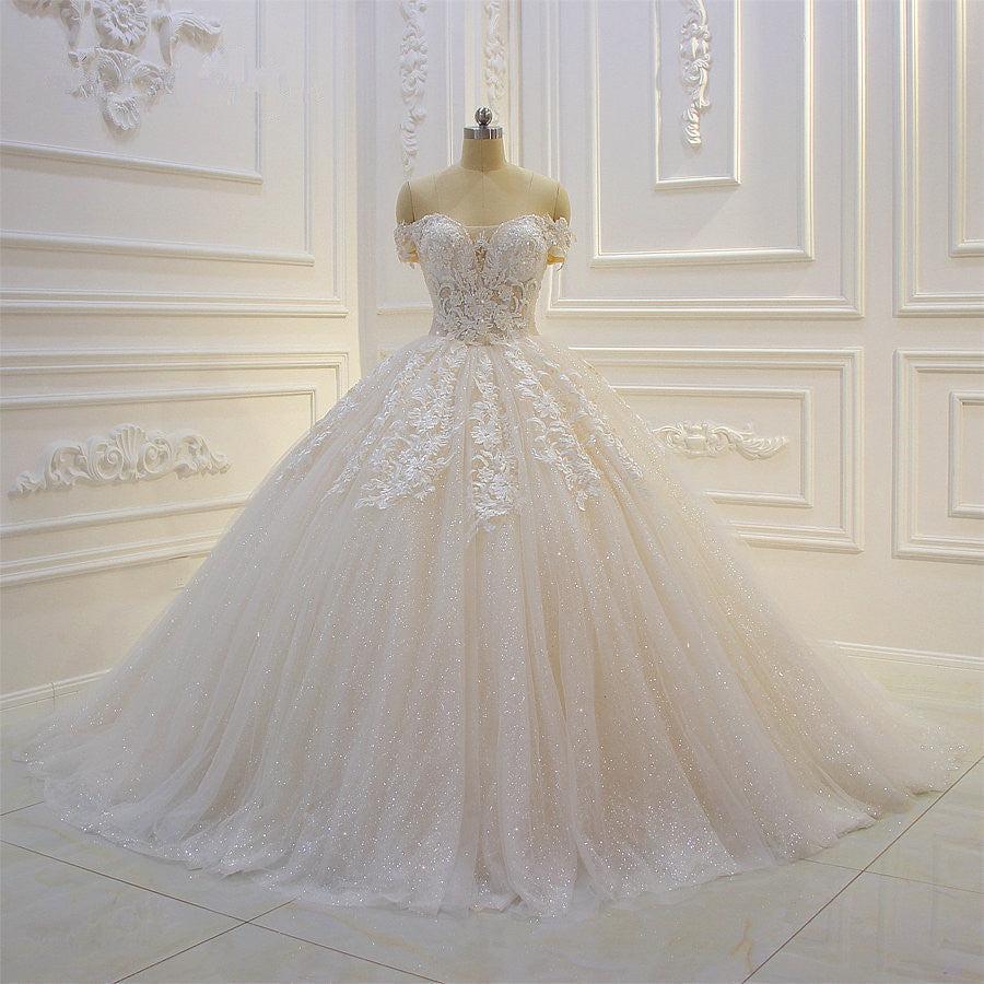 Off The Shoulder Wedding Dress Tulle Lace Appliques Sequined Bridal Dress