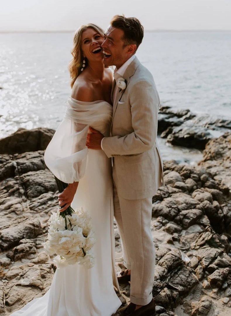 Off The Shoulder Wedding Dress with Long Puff Sleeves