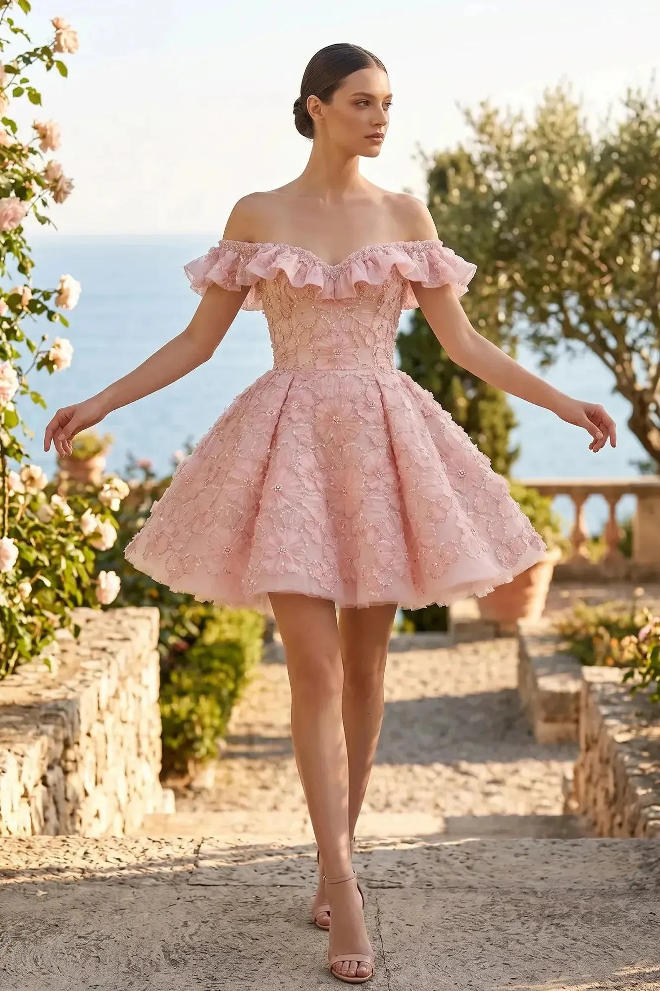 Off-the-Shoulder 3D Floral Ruffled Homecoming Dresses Mini Cocktail Dress