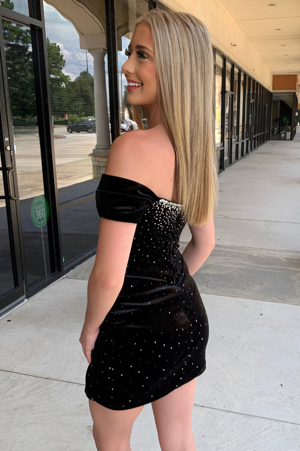 Off the Shoulder Black Cocktail Dress Tight Short Velvet Formal Dress with Slit