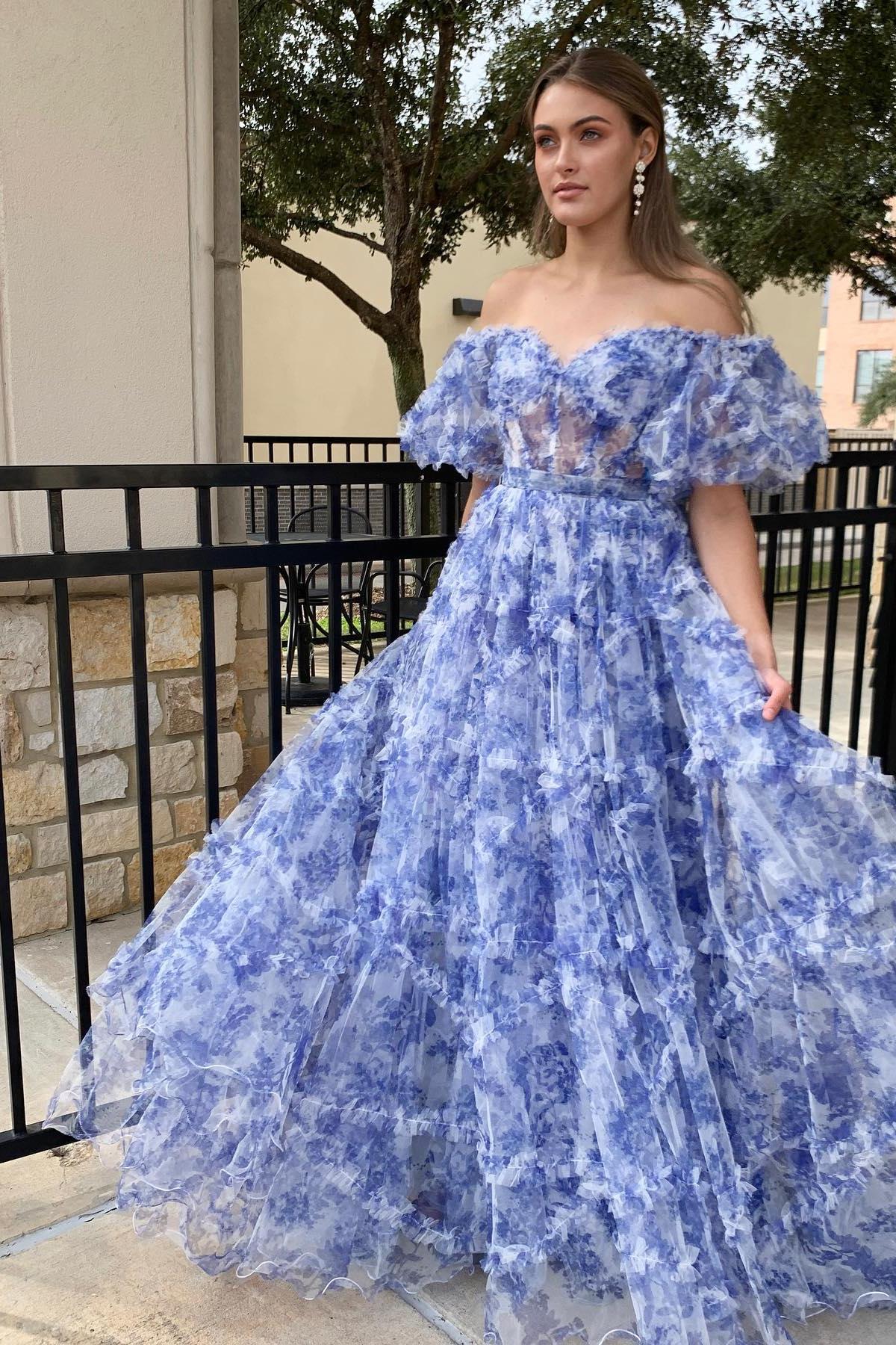 Off the Shoulder Blue Prom Dress Floral Print Ruffled Tulle Evening Dress