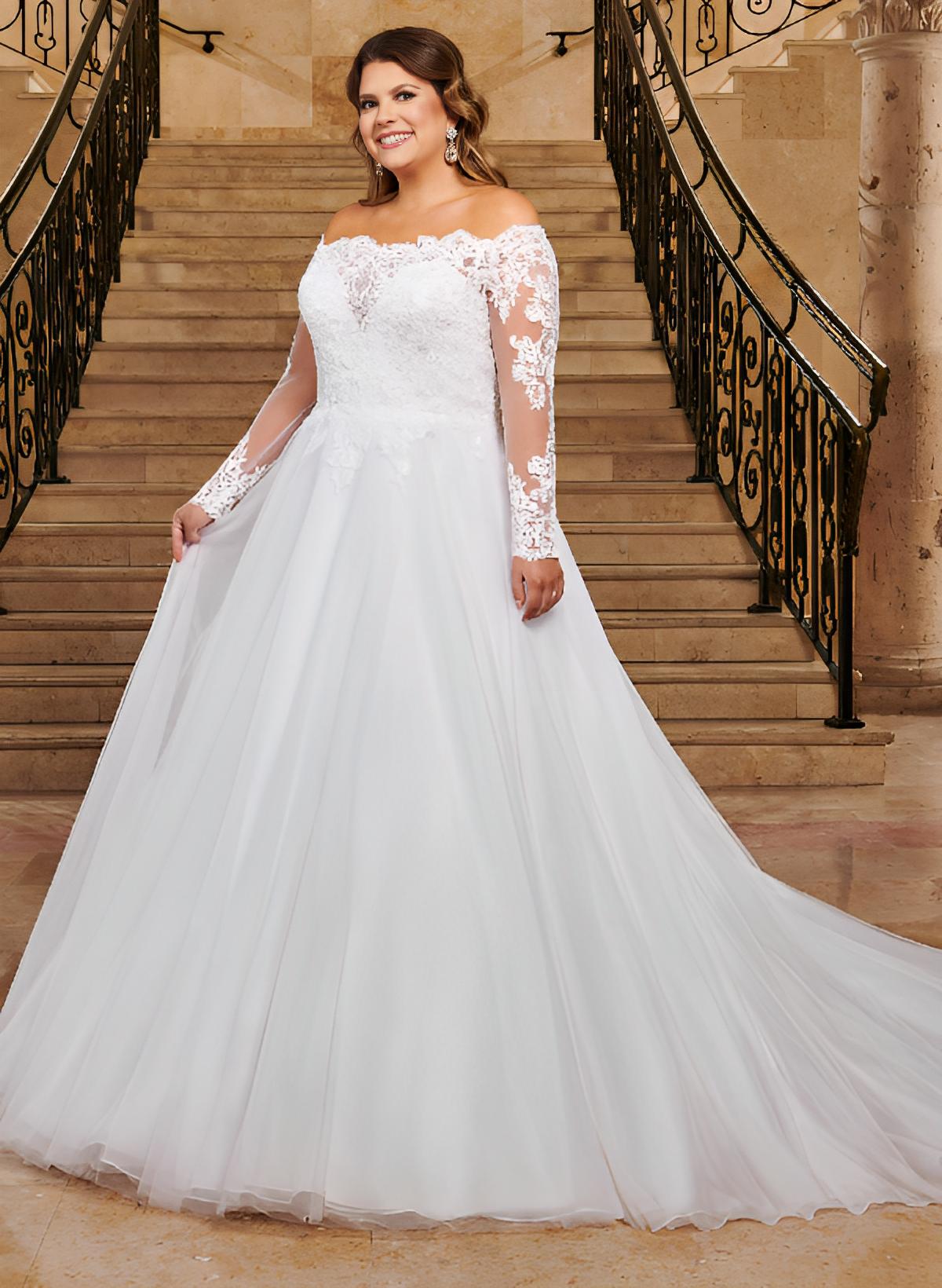 Off the Shoulder Lace Wedding Dress With Tulle and Long Sleeves