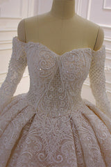 Off the Shoulder Long Sleeve Ball Gown Wedding Dress with Lace Appliques