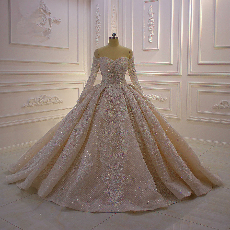 Off the Shoulder Long Sleeve Ball Gown Wedding Dress with Lace Appliques