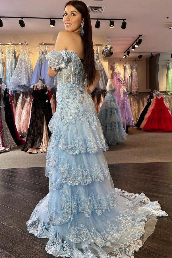 Off the Shoulder Mermaid Prom Dress Tiered Formal Dress Sequined Tulle Evening Dress