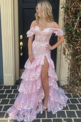 Off the Shoulder Mermaid Prom Dress Tiered Formal Dress Sequined Tulle Evening Dress